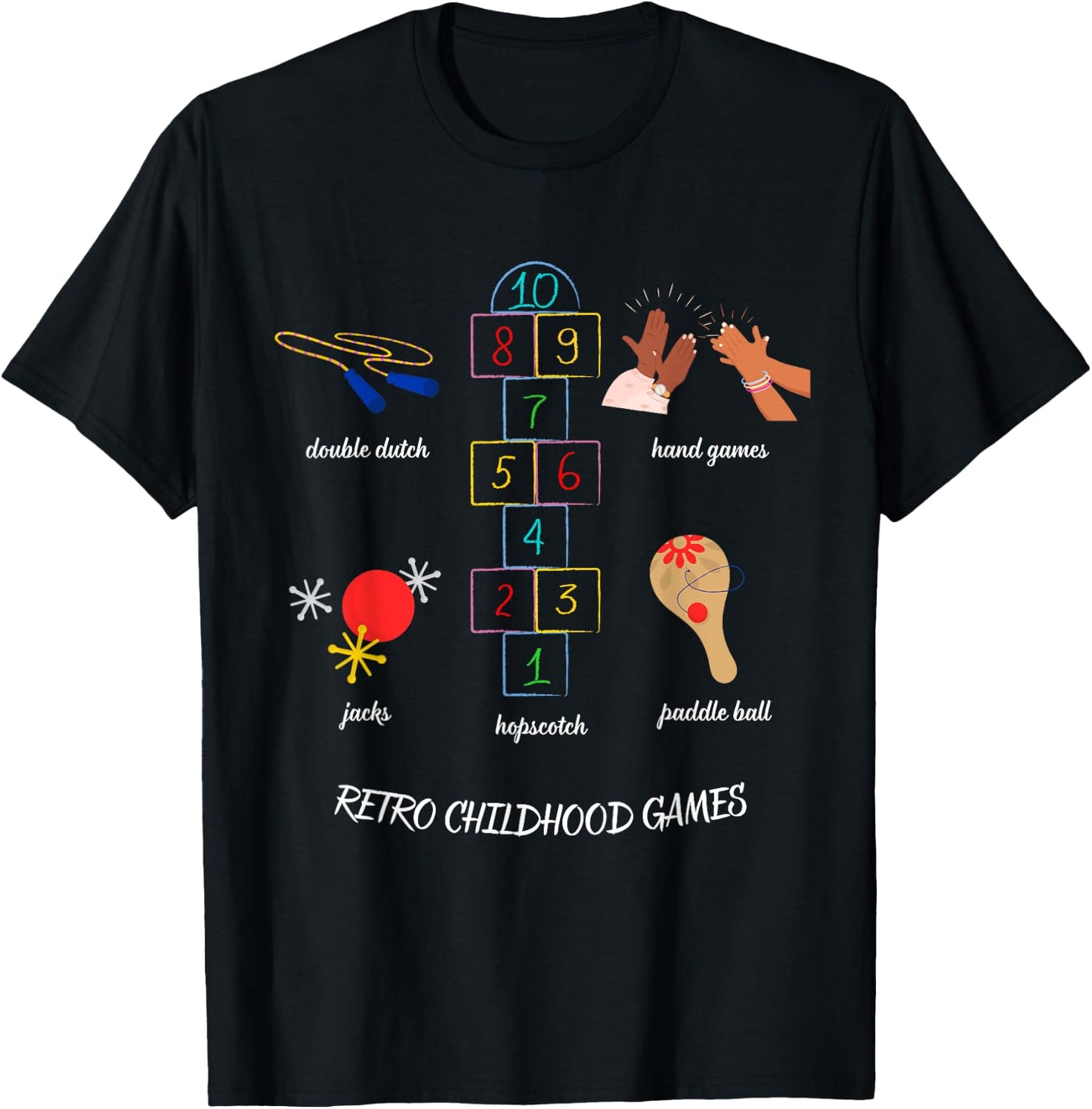 Vintage Childhood Outdoor Games Double Dutch Hopscotch Jacks T-Shirt - T-Shirt | Black