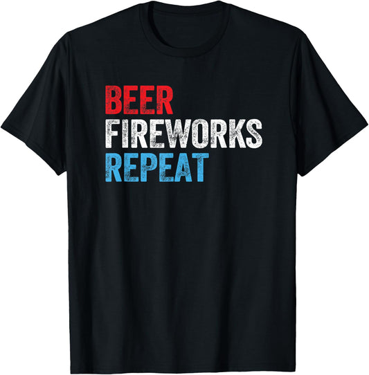 Beer Fireworks Repeat Star Funny July 4th Fireworks Men T-Shirt - T-Shirt | Black