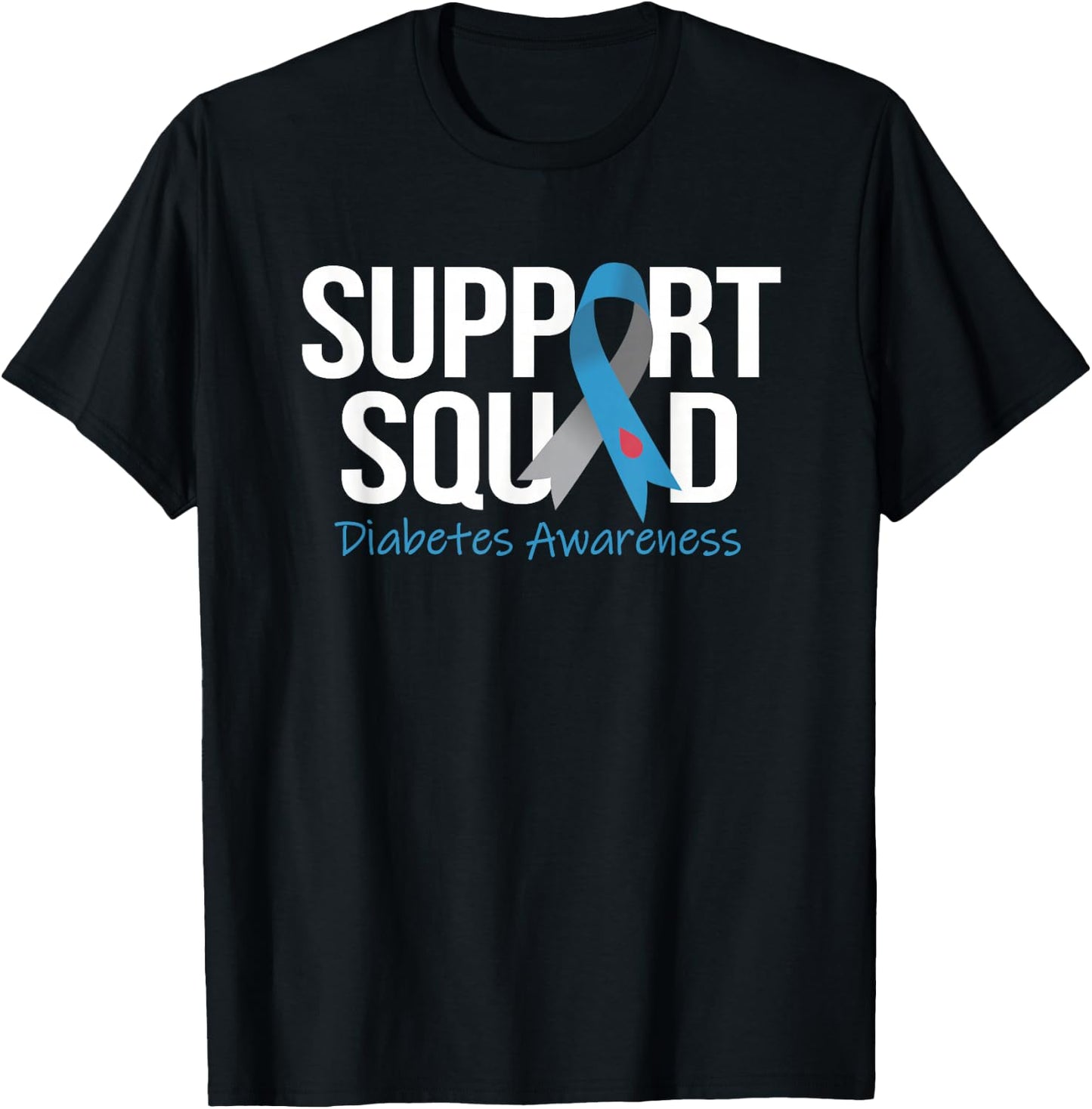 Support Squad Diabetes Awareness Month Blue Gray Ribbon T-Shirt - T-Shirt | Black