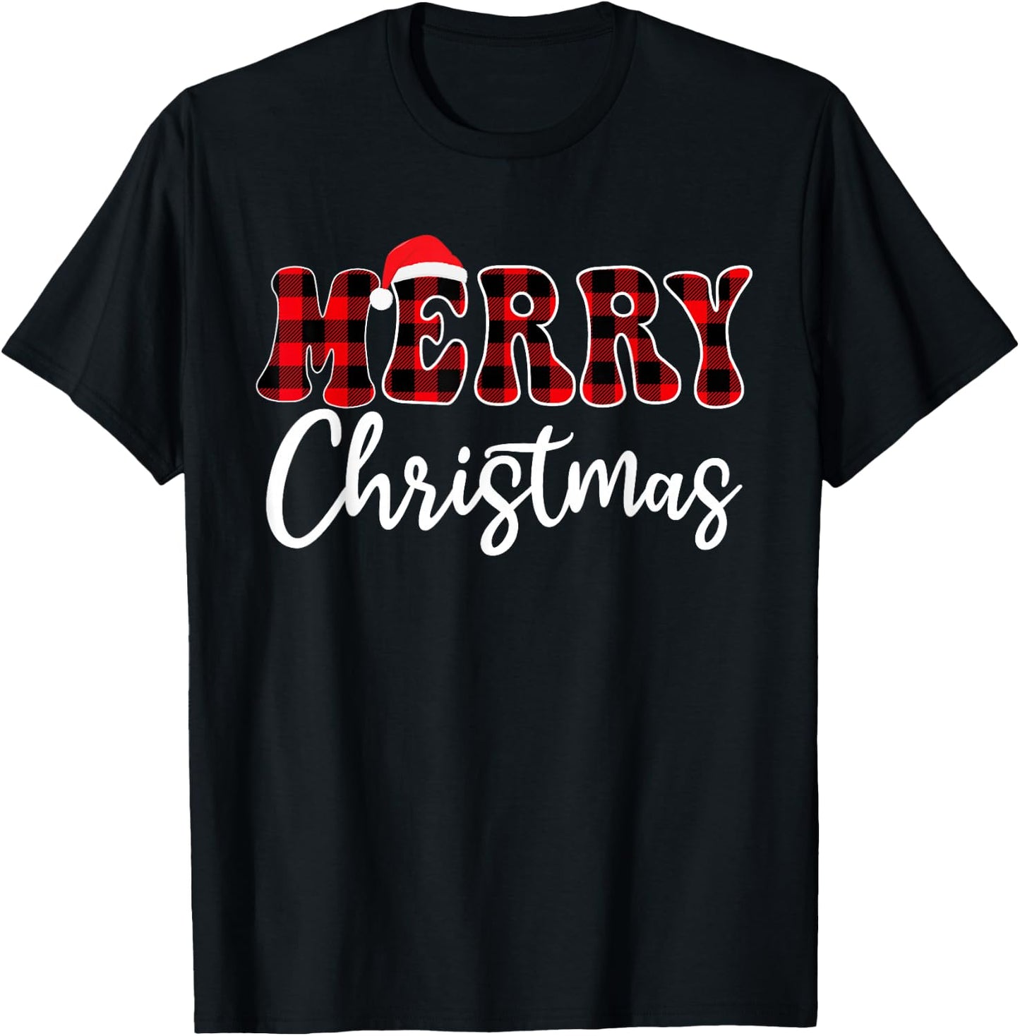 Merry Christmas With Black And Red Plaid Family Men Women T-Shirt - T-Shirt | Black