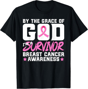 By The Grace God I'm A Survivor Breast Cancer Awareness T-Shirt - T-Shirt | Black