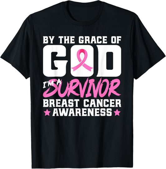 By The Grace God I'm A Survivor Breast Cancer Awareness T-Shirt - T-Shirt | Black
