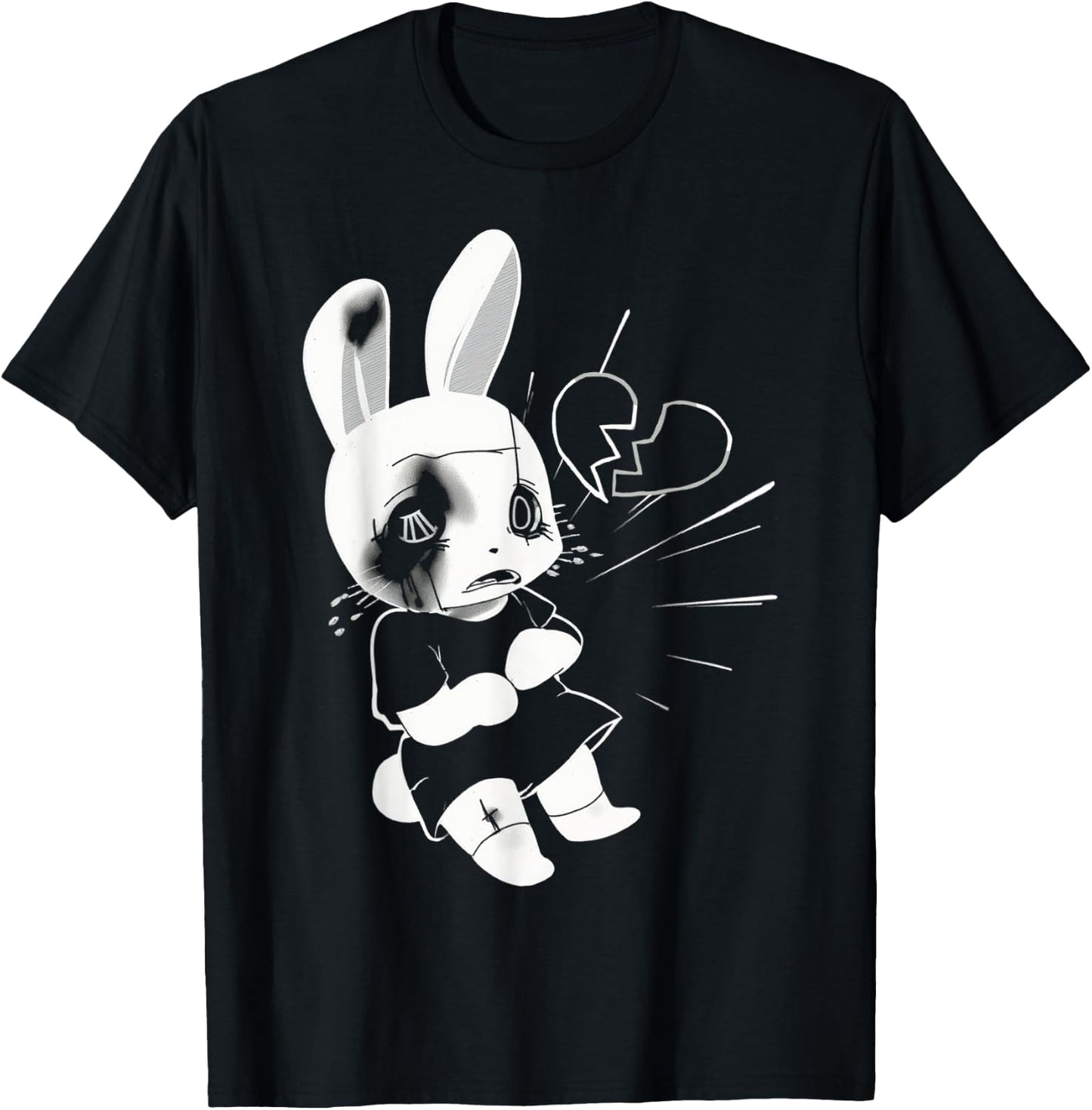 Sad Broken Heart Punk Goth Grunge Anime Bunny Rabbit T-Shirt - T-Shirt | Black