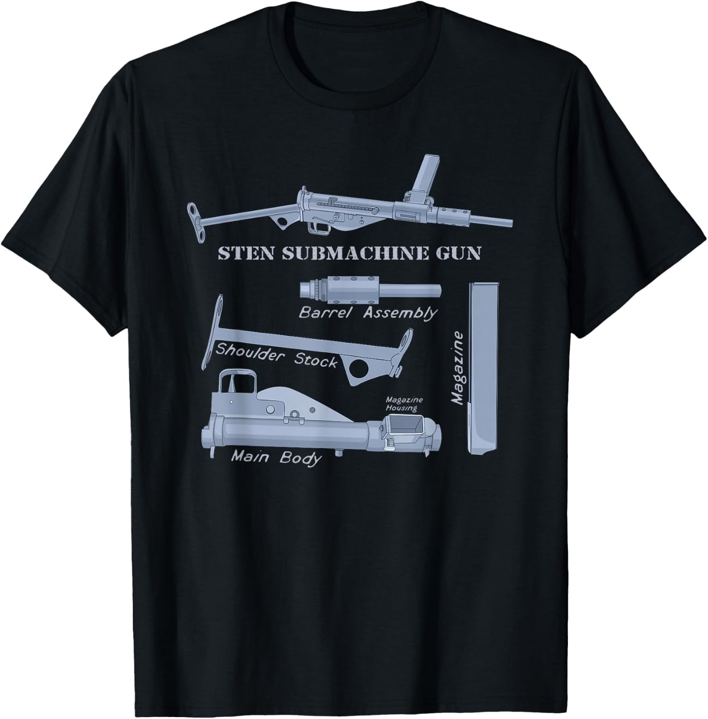 Sten Gun British WW2 Submachine Guns Diagrams T-Shirt - T-Shirt | Black