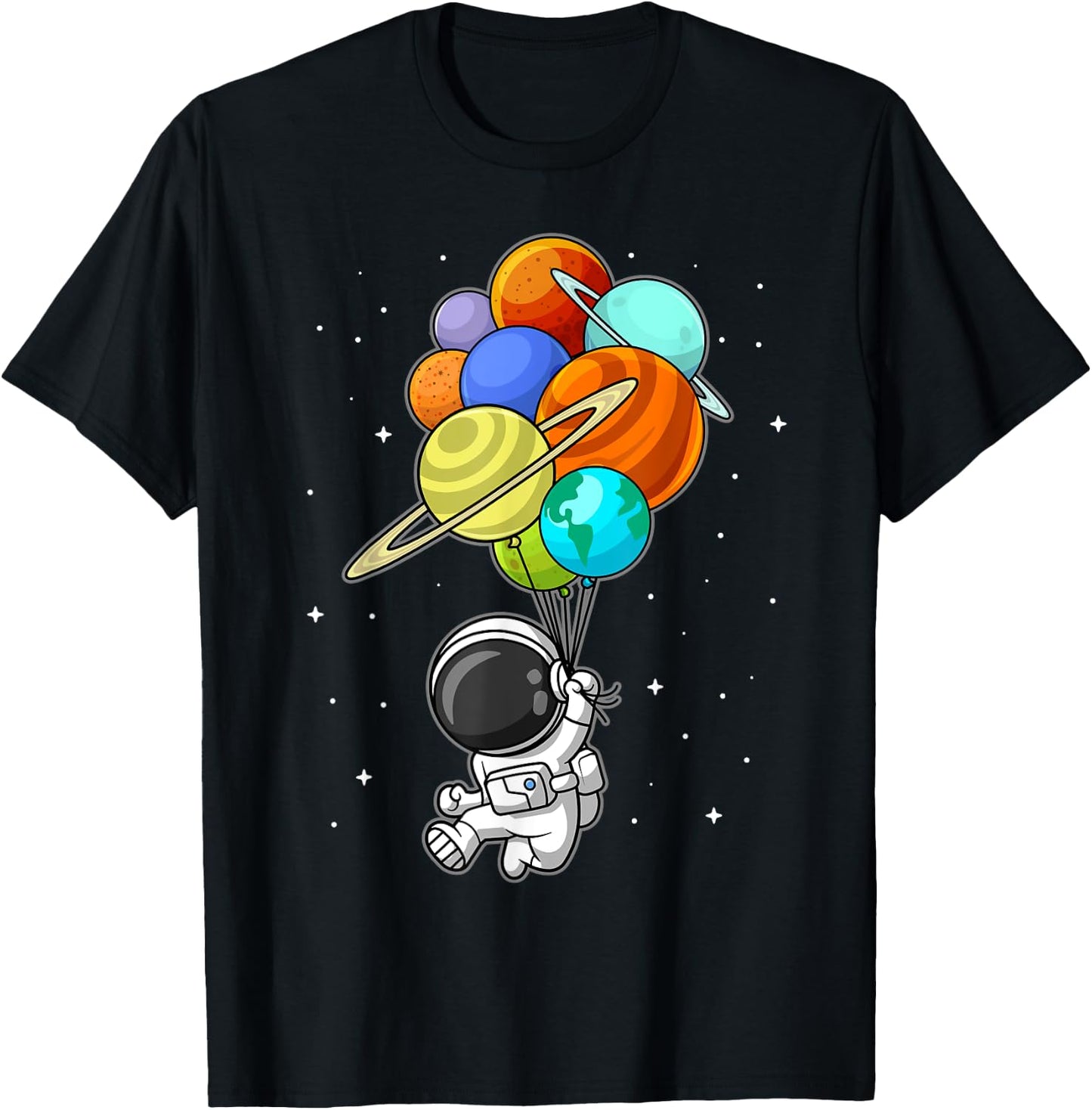 Astronaut Holding Planet Balloons Solar-System Space Kids T-Shirt - T-Shirt | Black