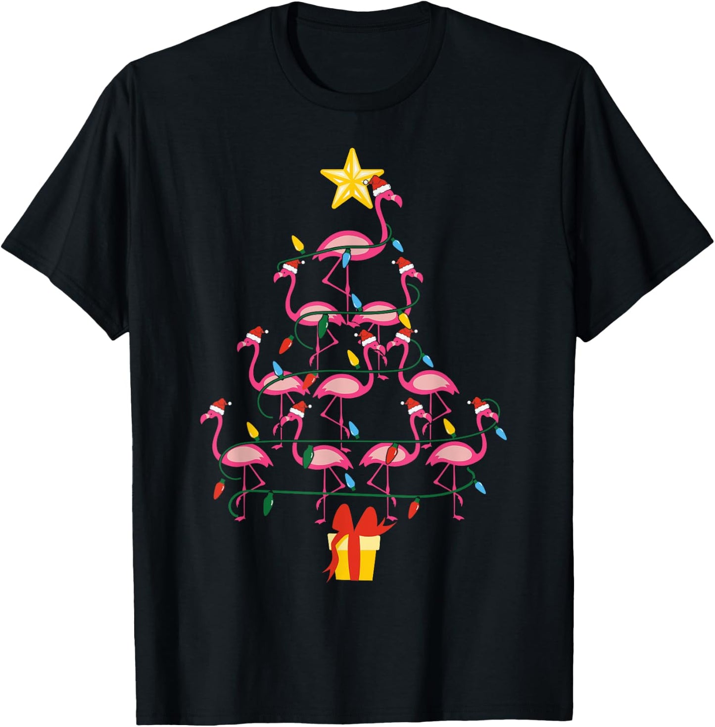 Merry Christmas Hat Santa Flamingo Light Snow Xmas Pajamas T-Shirt - T-Shirt | Black