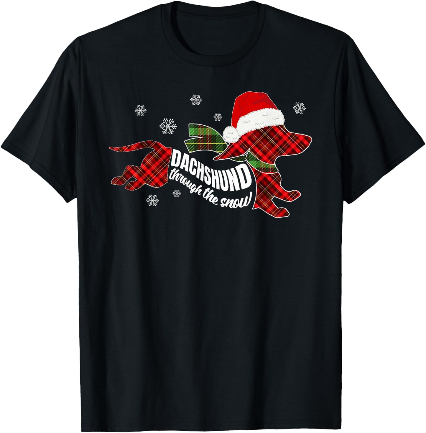 Merry Christmas Dachshund Dog Through The Snow Plaid Xmas T-Shirt - T-Shirt | Black