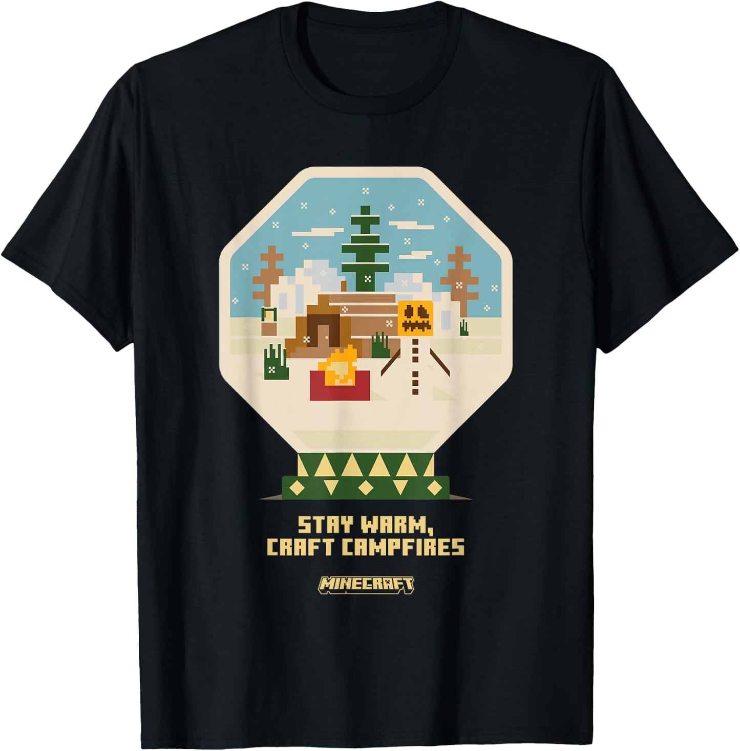 Minecraft Christmas Stay Warm Craft Campfires Snow Globe T-Shirt - T-Shirt | Black