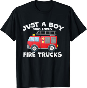 Kids Just A Boy Who Loves Fire Trucks Firefighter Boy Fire Truck T-Shirt - T-Shirt | Black