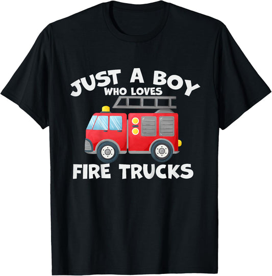 Kids Just A Boy Who Loves Fire Trucks Firefighter Boy Fire Truck T-Shirt - T-Shirt | Black