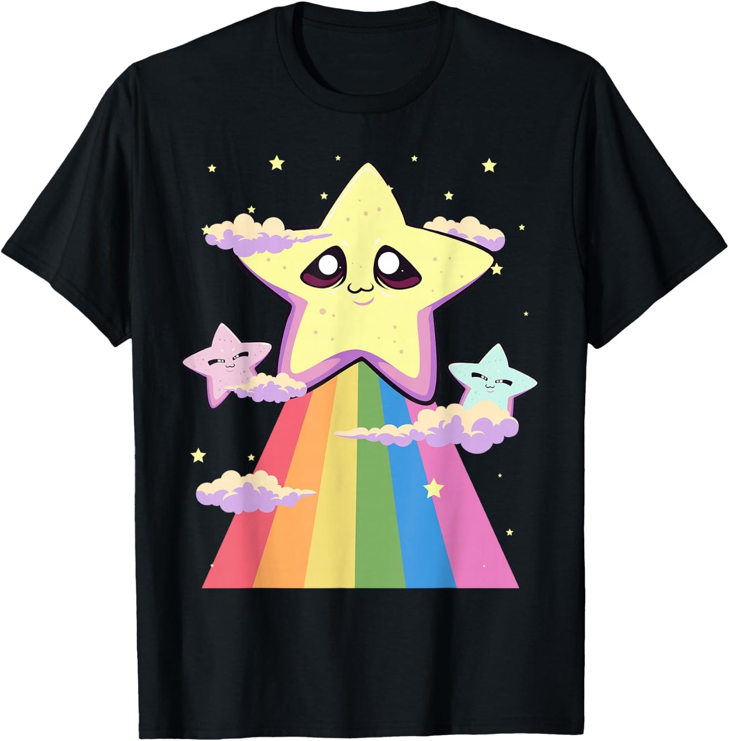 Pastel Goth Kawaii Sad Chibi Stars and Rainbow T-Shirt - T-Shirt | Black