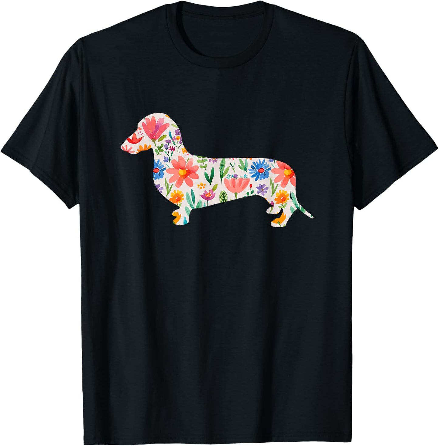 Smooth Dachshund watercolor flowers design T-Shirt - T-Shirt | Black