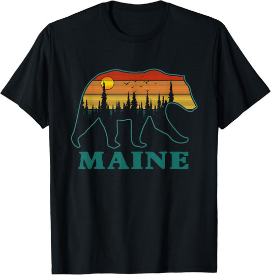 Retro Maine Grizzly Bear Nature Camping Mountain Hiking T-Shirt - T-Shirt | Black