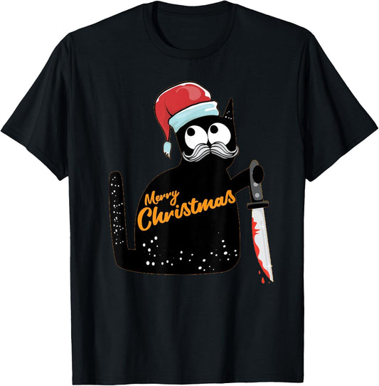 Christmas Scary Black Cat With Knife funny Christmas Pajama Men Women T-Shirt - T-Shirt | Black