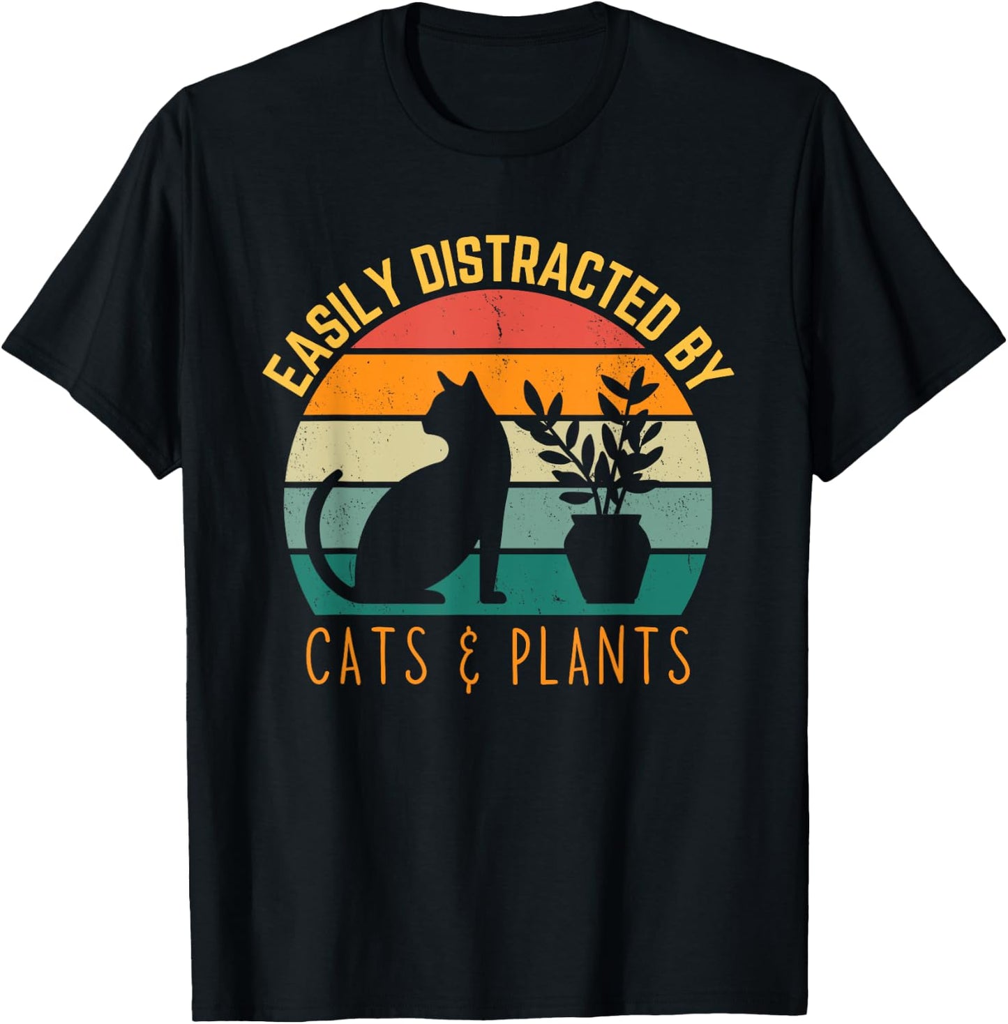 Easily Distracted By Plants & Cats Retro Pet Cat Plant Lover T-Shirt - T-Shirt | Black