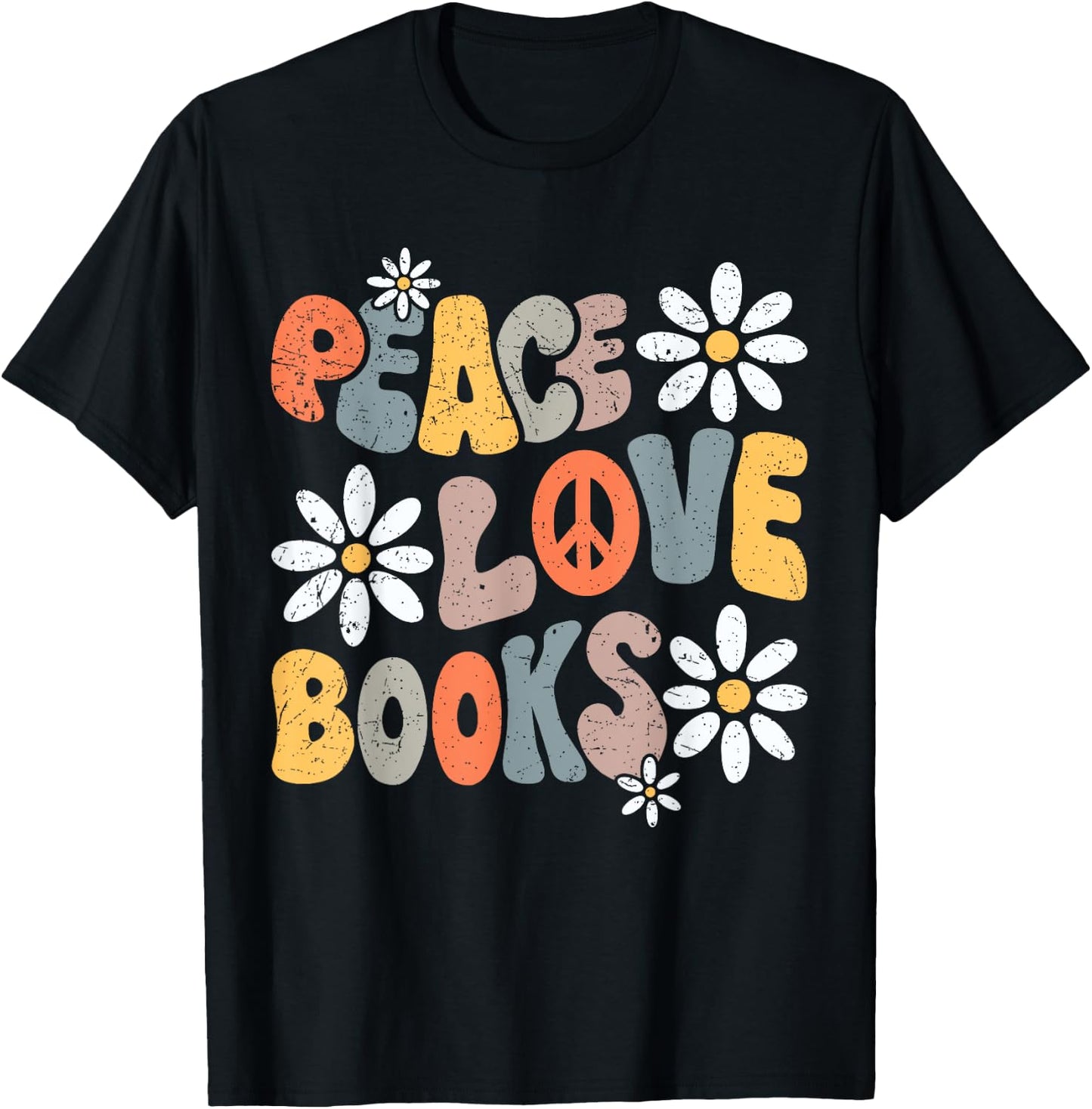 Peace Love Books Groovy Bookworm Book Nerd Reading Teacher T-Shirt - T-Shirt | Black
