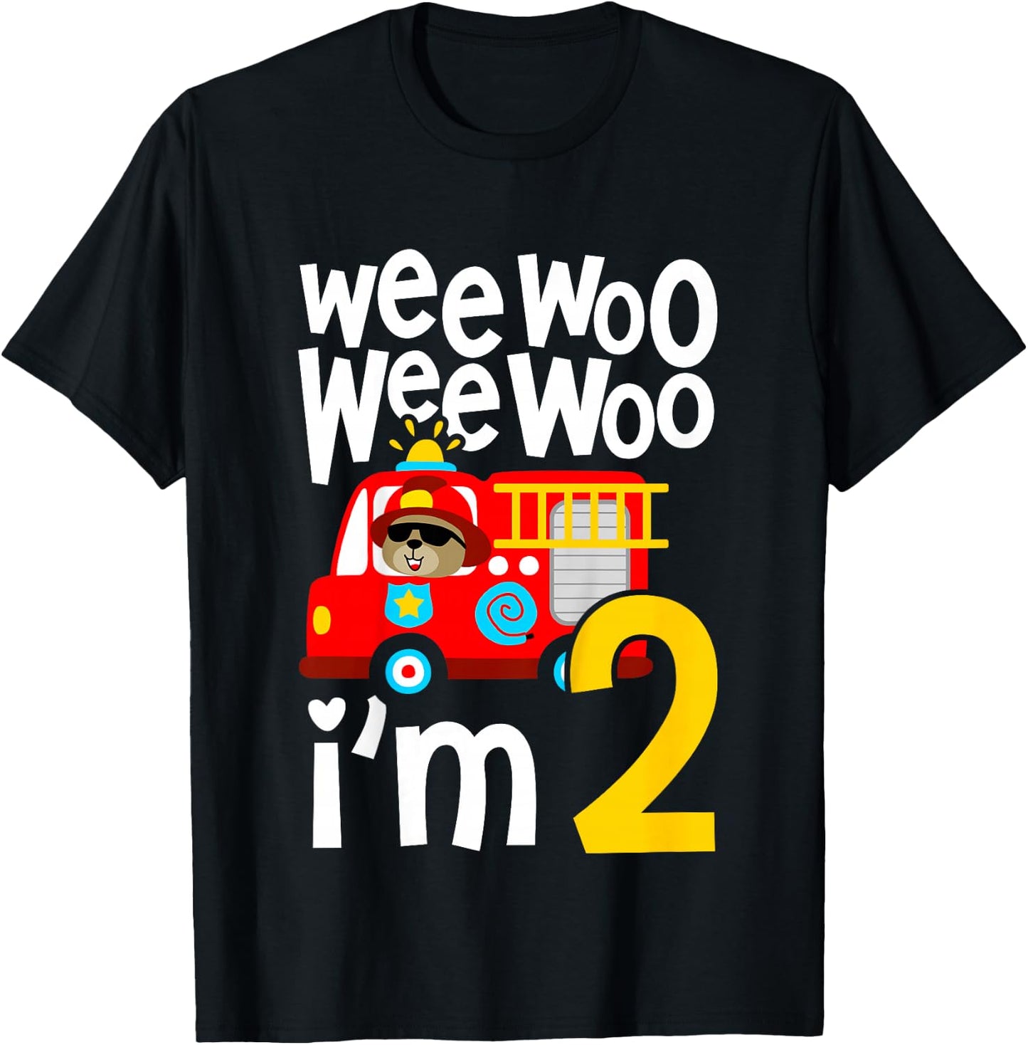 Kids Boys Birthday Wee Woo Wee Woo I'm 2 Red Fire Truck T-Shirt - T-Shirt | Black