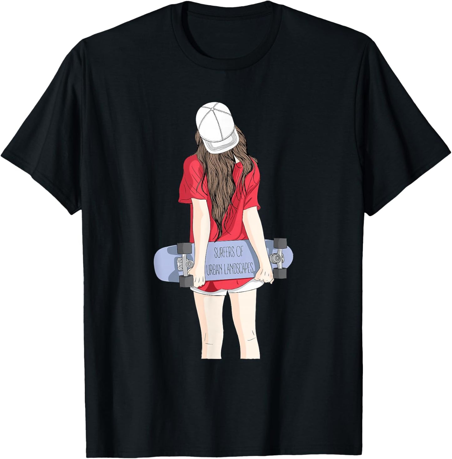Cool Skateboarding Girl in a Baseball Cap with a Skateboard T-Shirt - T-Shirt | Black