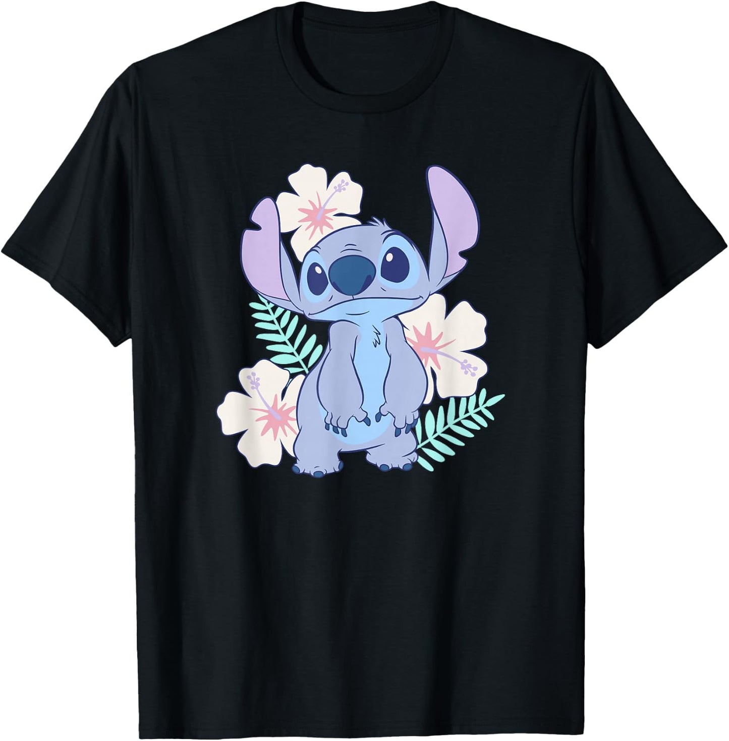 Disney Lilo & Stitch Cute Face Hawaiian Flowers Portrait T-Shirt - T-Shirt | Black