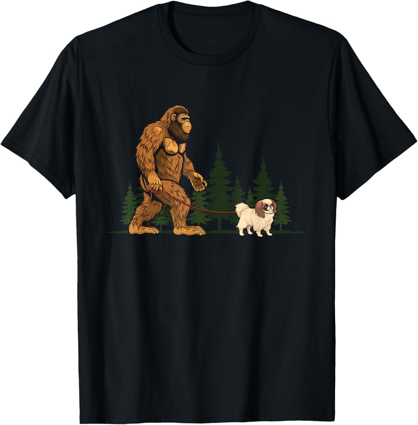 Funny Japanese Chin Bigfoot Dog Walking Dog Mom Dad Kids T-Shirt - T-Shirt | Black