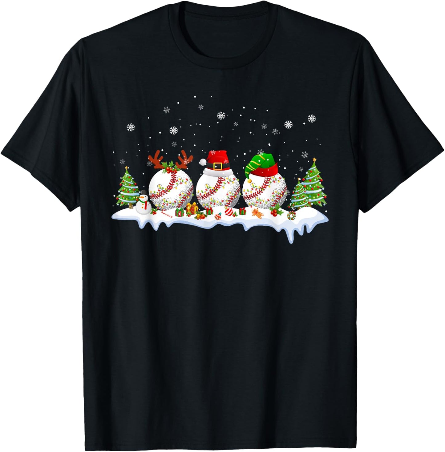 Santa Elf Reindeer Baseball Balls Xmas Tree Lights Christmas T-Shirt - T-Shirt | Black