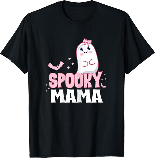 Spooky Mama Family Cute Pink White Ghost Boo Halloween T-Shirt - T-Shirt | Black