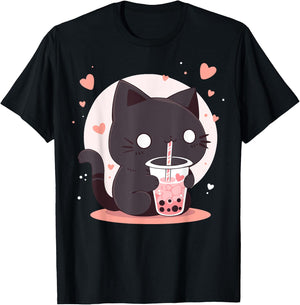Kawaii Black Cat Boba Cute Japan Anime Bubble Tea Neko Teen Women T-Shirt - T-Shirt | Black