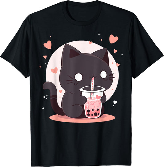 Kawaii Black Cat Boba Cute Japan Anime Bubble Tea Neko Teen Women T-Shirt - T-Shirt | Black