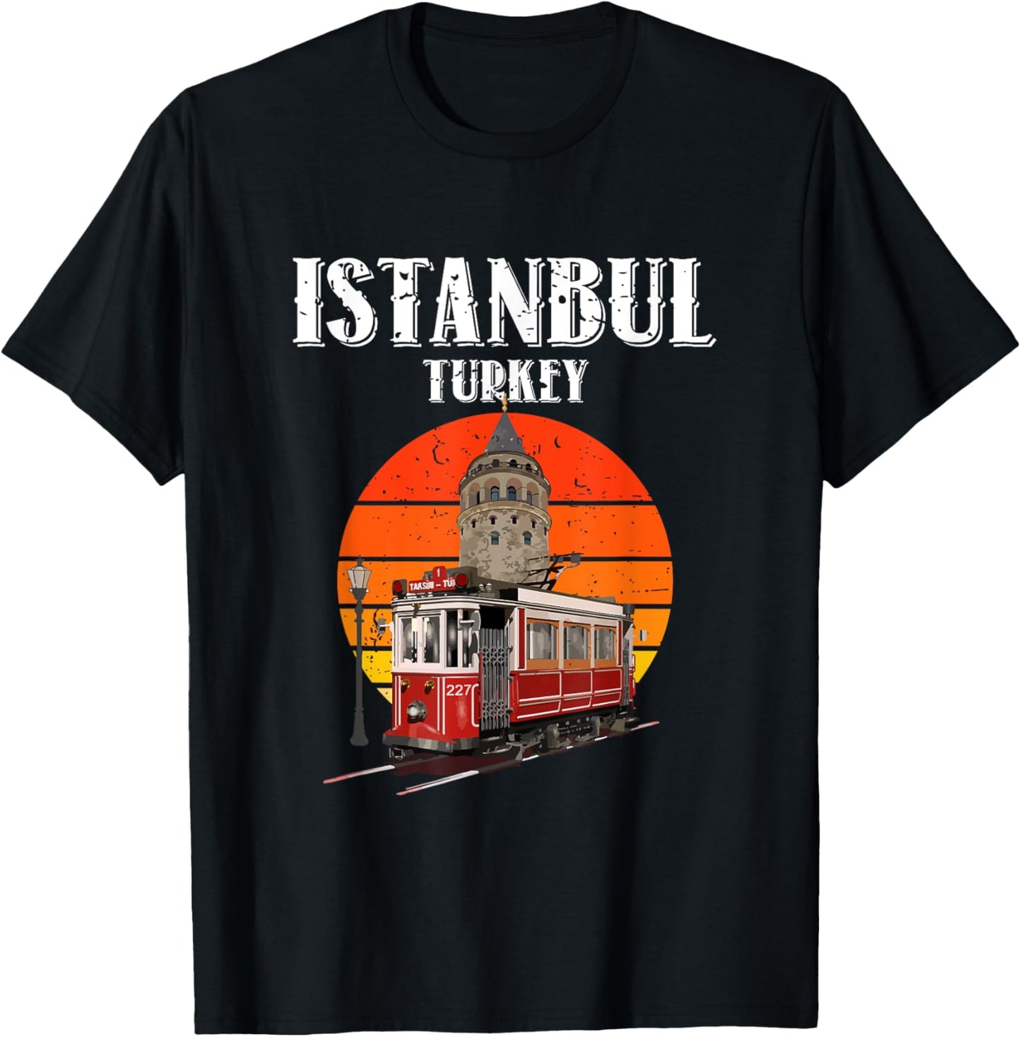 Vintage Sunset Istanbul Turkey Retro Tram And Galata Tower T-Shirt - T-Shirt | Black