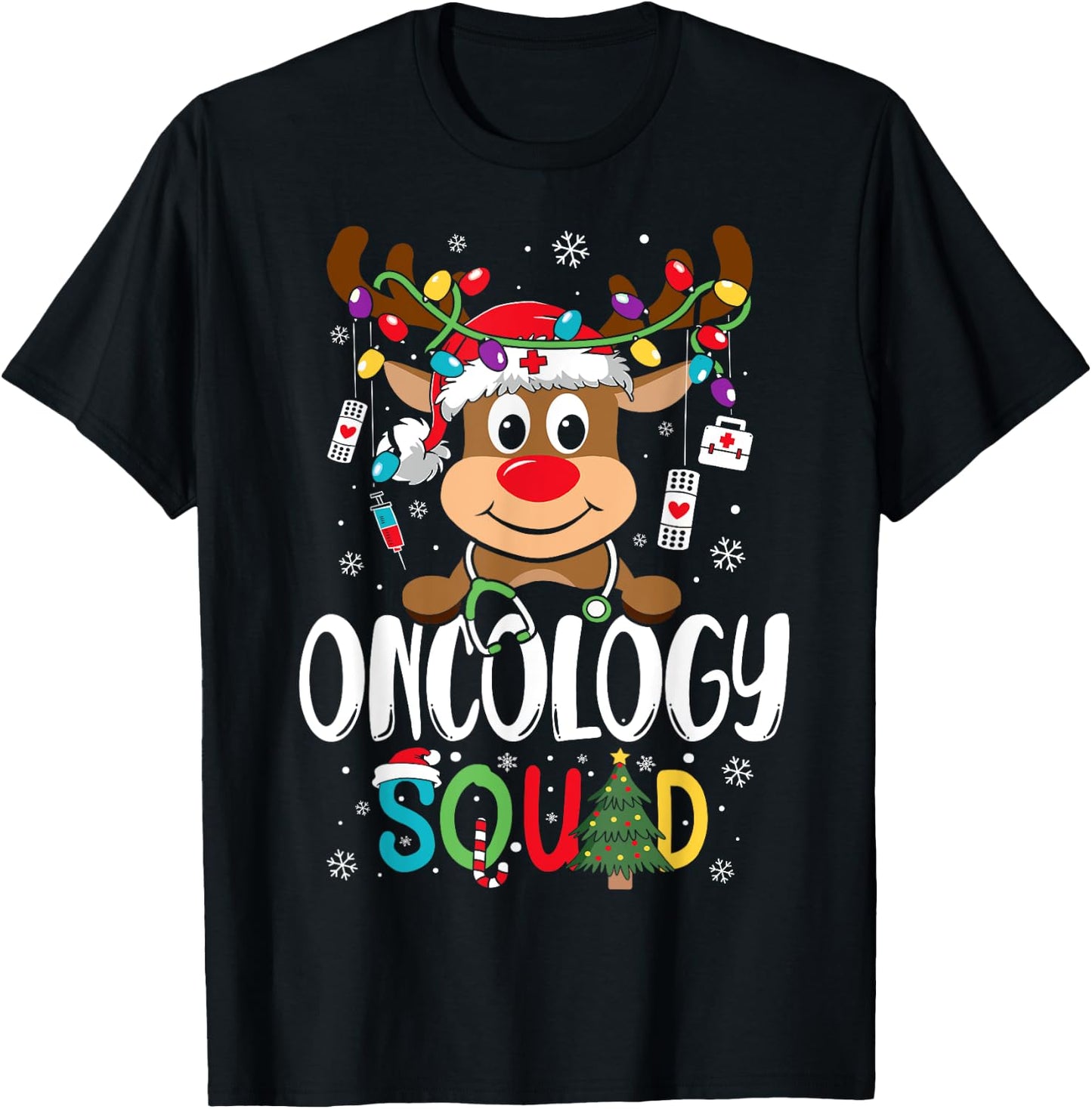 Oncology Nurse Squad Reindeer Stethoscope Nurse Christmas T-Shirt - T-Shirt | Black