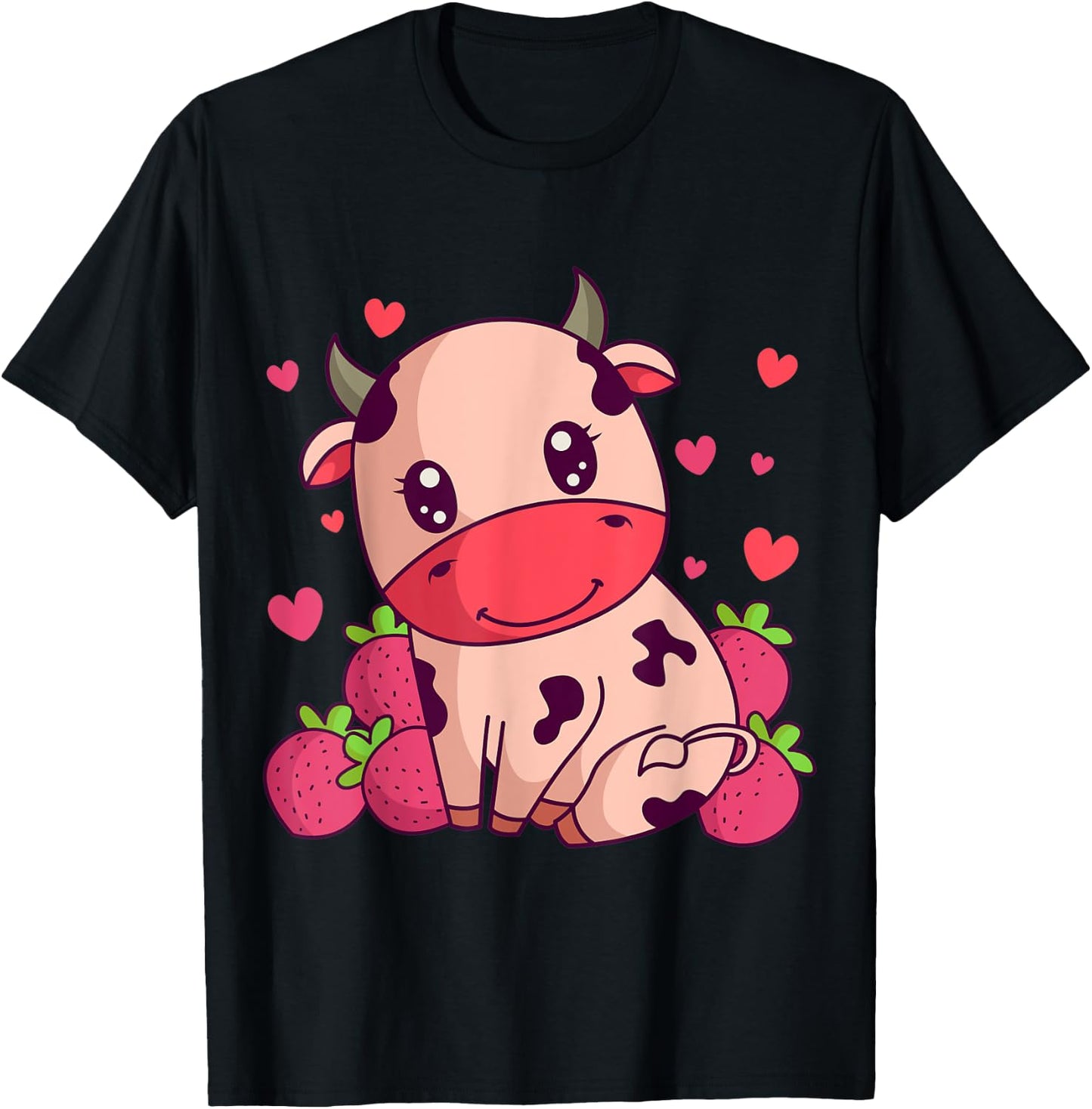 Kawaii Strawberry Milk Cow Farmers Cute Pink Cow T-Shirt - T-Shirt | Black