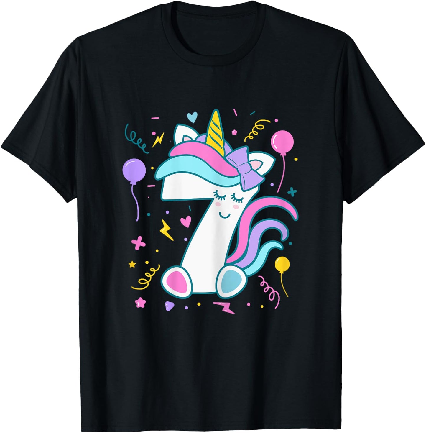 Unicorn 7th Birthday Number 7 Year Old Girl Birthday T-Shirt - T-Shirt | Black