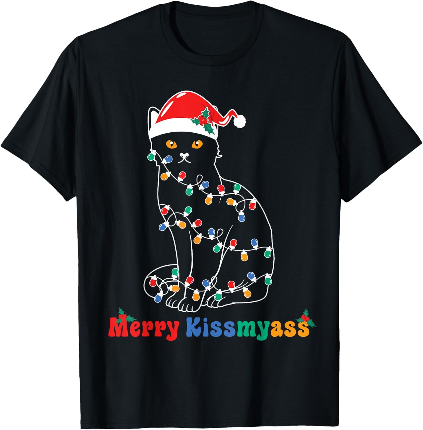 Merry Christmas Cat Christmas Lights Merry Christmas Cat T-Shirt - T-Shirt | Black