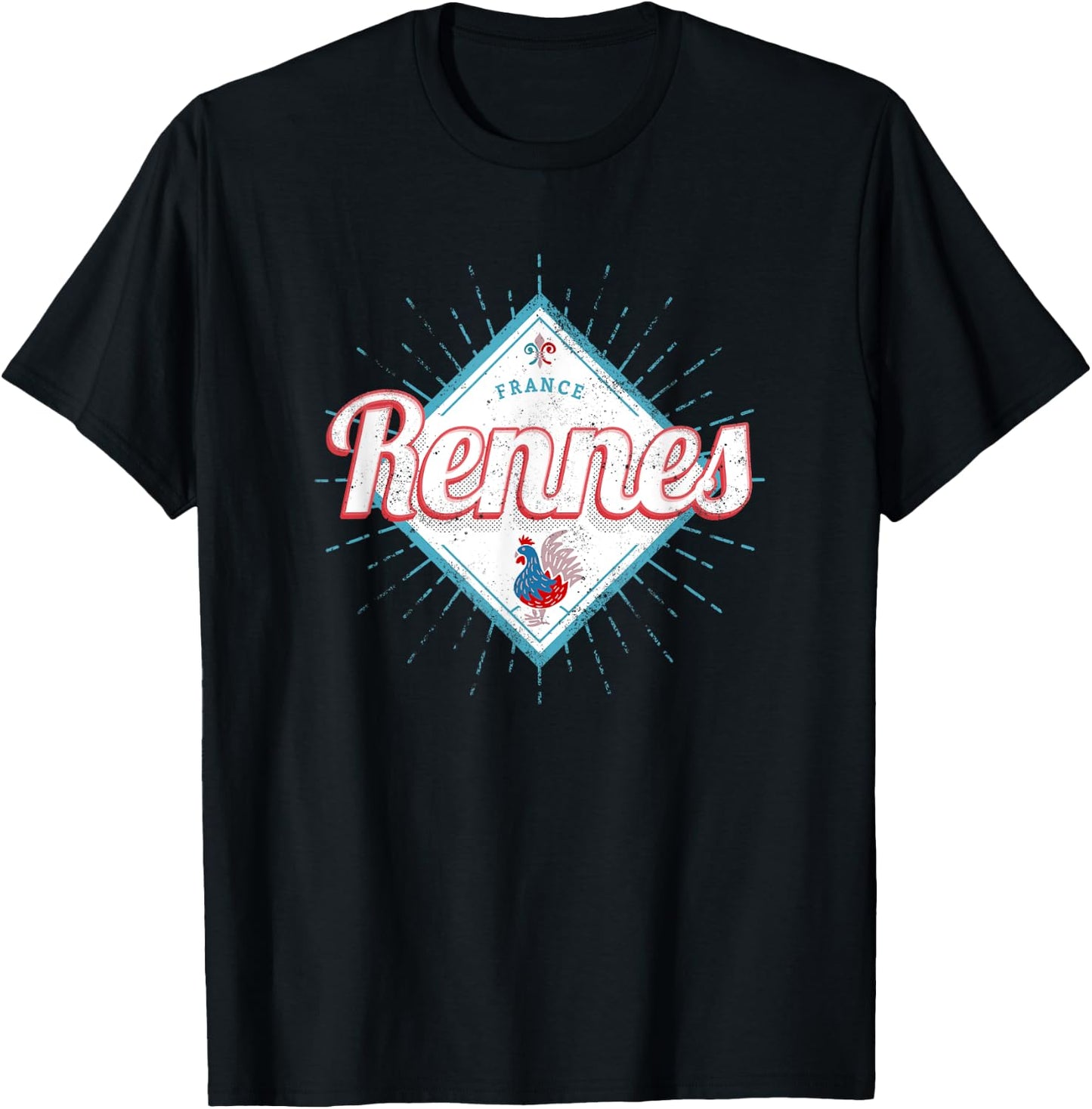 Rennes Brittany France Retro Rooster Vintage Souvenir T-Shirt - T-Shirt | Black