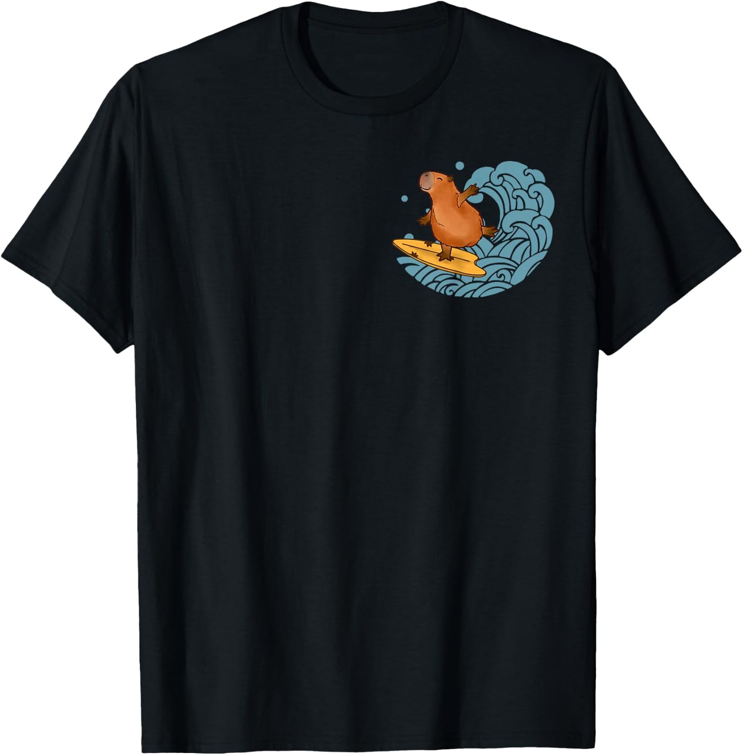 Vintage Cute Capybara Surfing The Great Wave Kanagawa Pocket T-Shirt - T-Shirt | Black