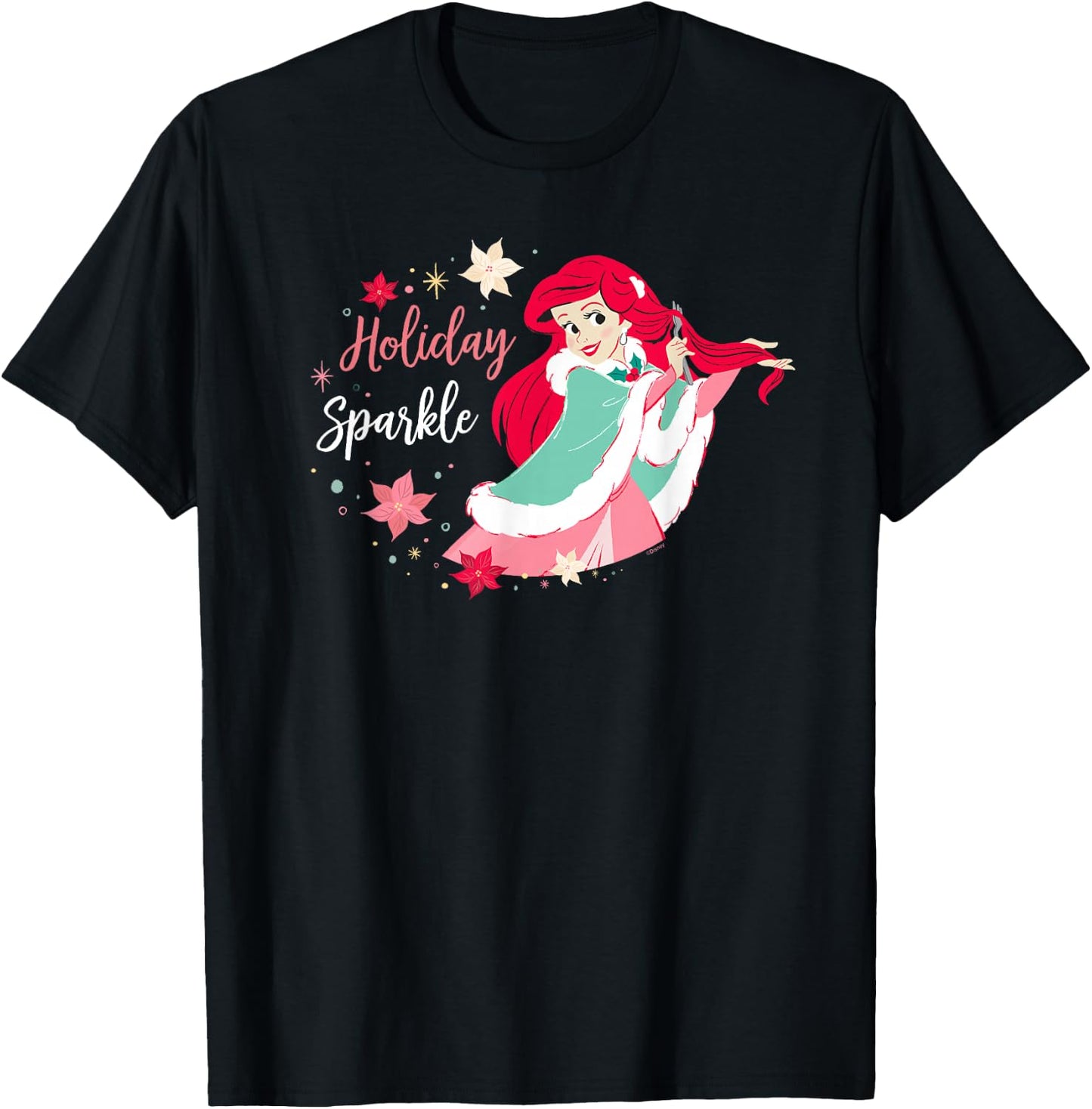 Disney Princess Ariel Mermaid Christmas Holiday Sparkle T-Shirt - T-Shirt | Black