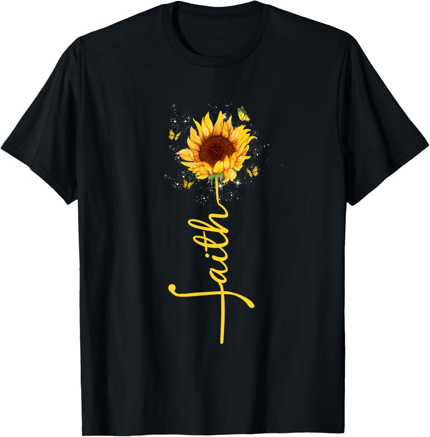 Faith Cross Sunflower Butterflies Flowers Christians Flora T-Shirt - T-Shirt | Black