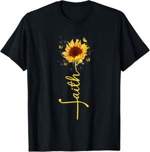 Faith Cross Sunflower Butterflies Flowers Christians Flora T-Shirt - T-Shirt | Black