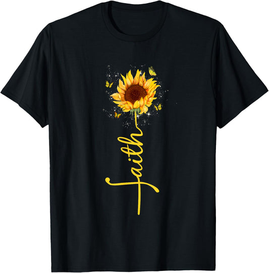 Faith Cross Sunflower Butterflies Flowers Christians Flora T-Shirt - T-Shirt | Black