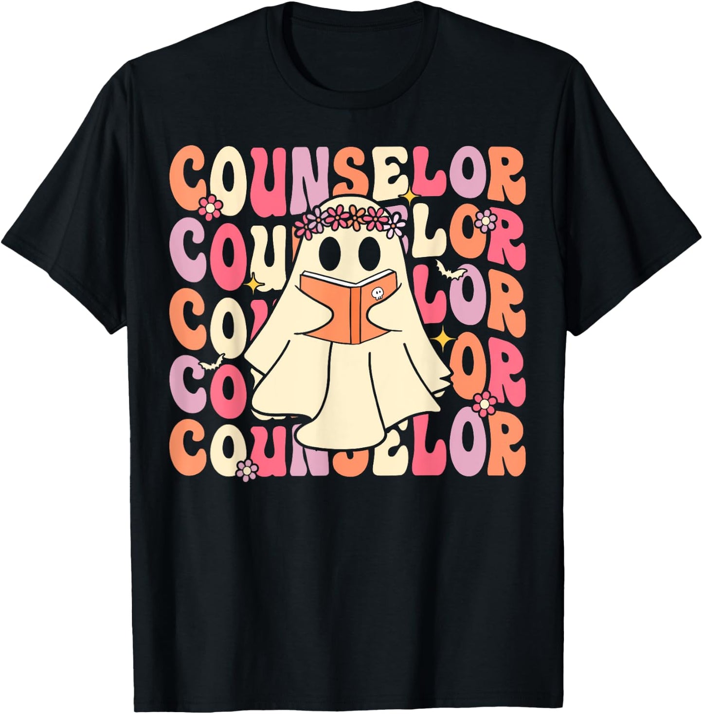 Groovy Halloween School Counselor Retro Ghost Counselor T-Shirt - T-Shirt | Black