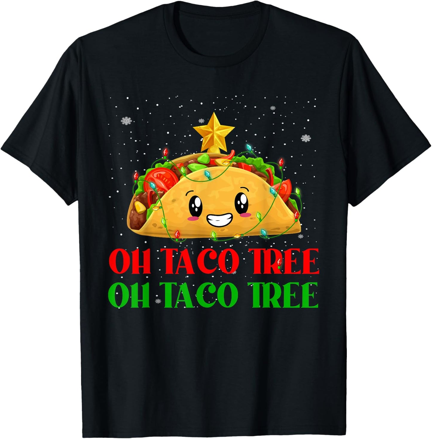Funny Oh Taco Tree Mexican Tacos Christmas Tree Lights Xmas T-Shirt - T-Shirt | Black