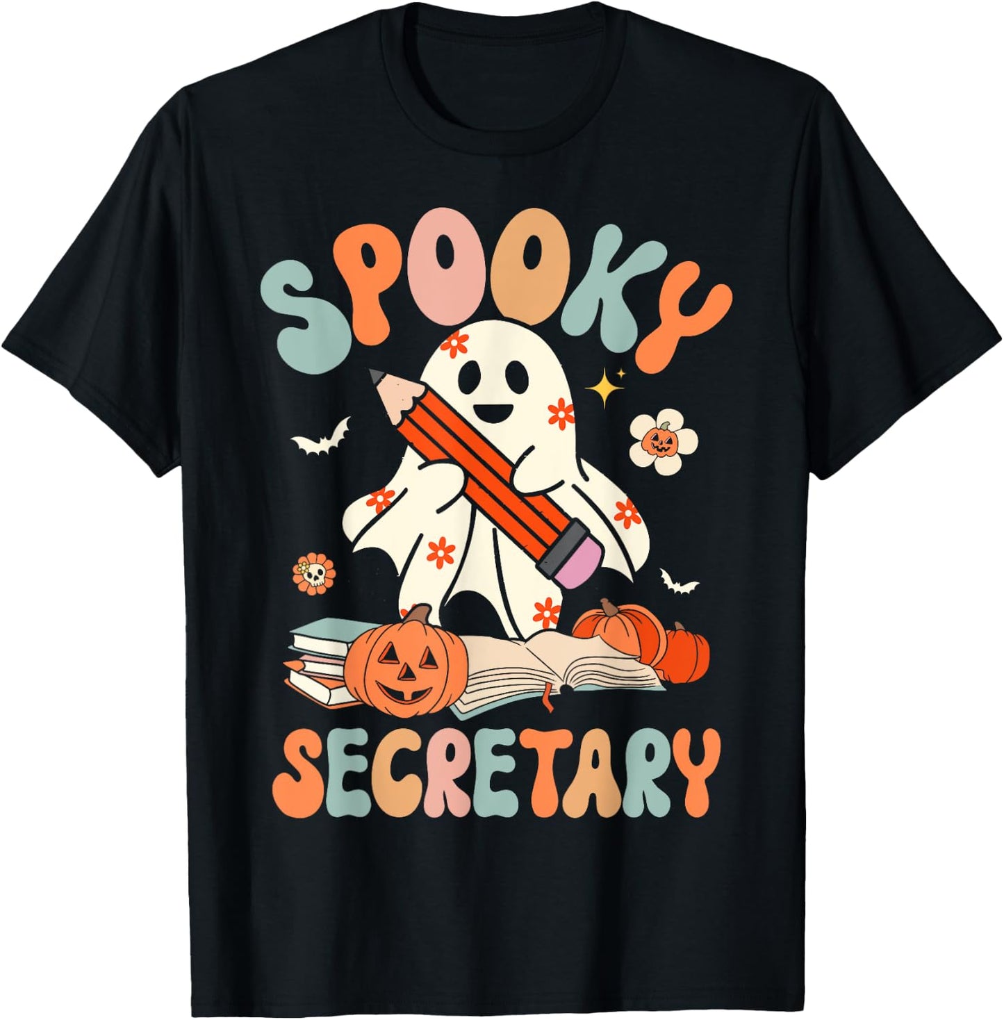 Spooky School Secretary Groovy Halloween Floral Ghost T-Shirt - T-Shirt | Black