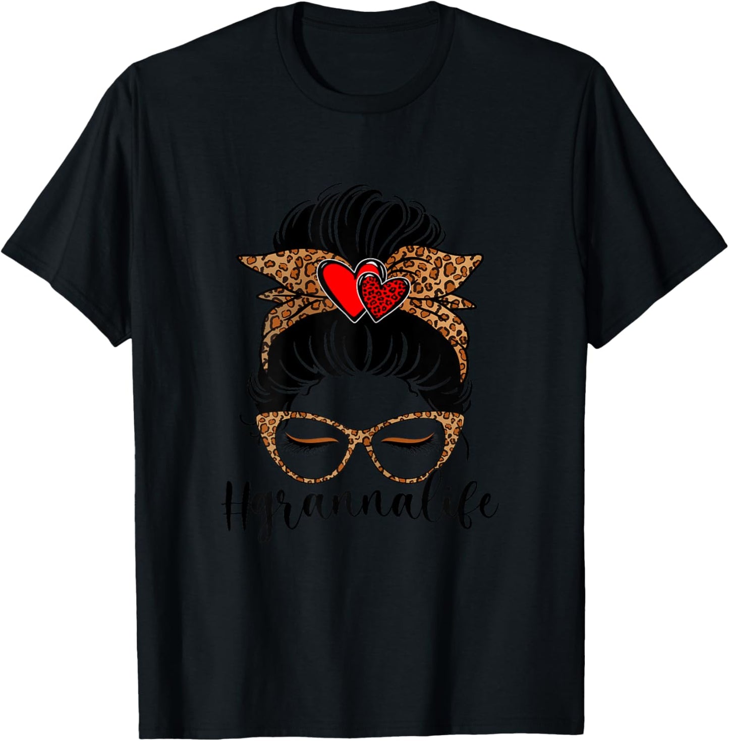 Granna Life Messy Hair Bun Leopard Print Women Mother's Day T-Shirt - T-Shirt | Black