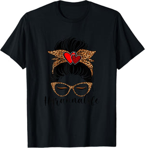 Granna Life Messy Hair Bun Leopard Print Women Mother's Day T-Shirt - T-Shirt | Black