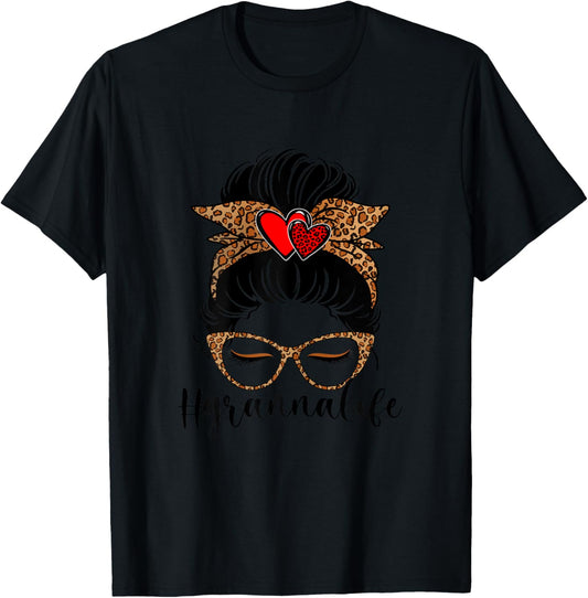 Granna Life Messy Hair Bun Leopard Print Women Mother's Day T-Shirt - T-Shirt | Black