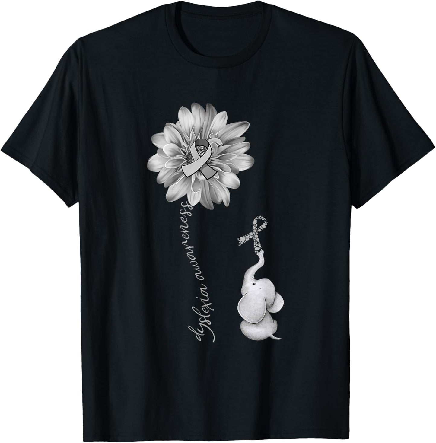 Elephant Sunflower Gray Ribbon Dyslexia Awareness T-Shirt - T-Shirt | Black