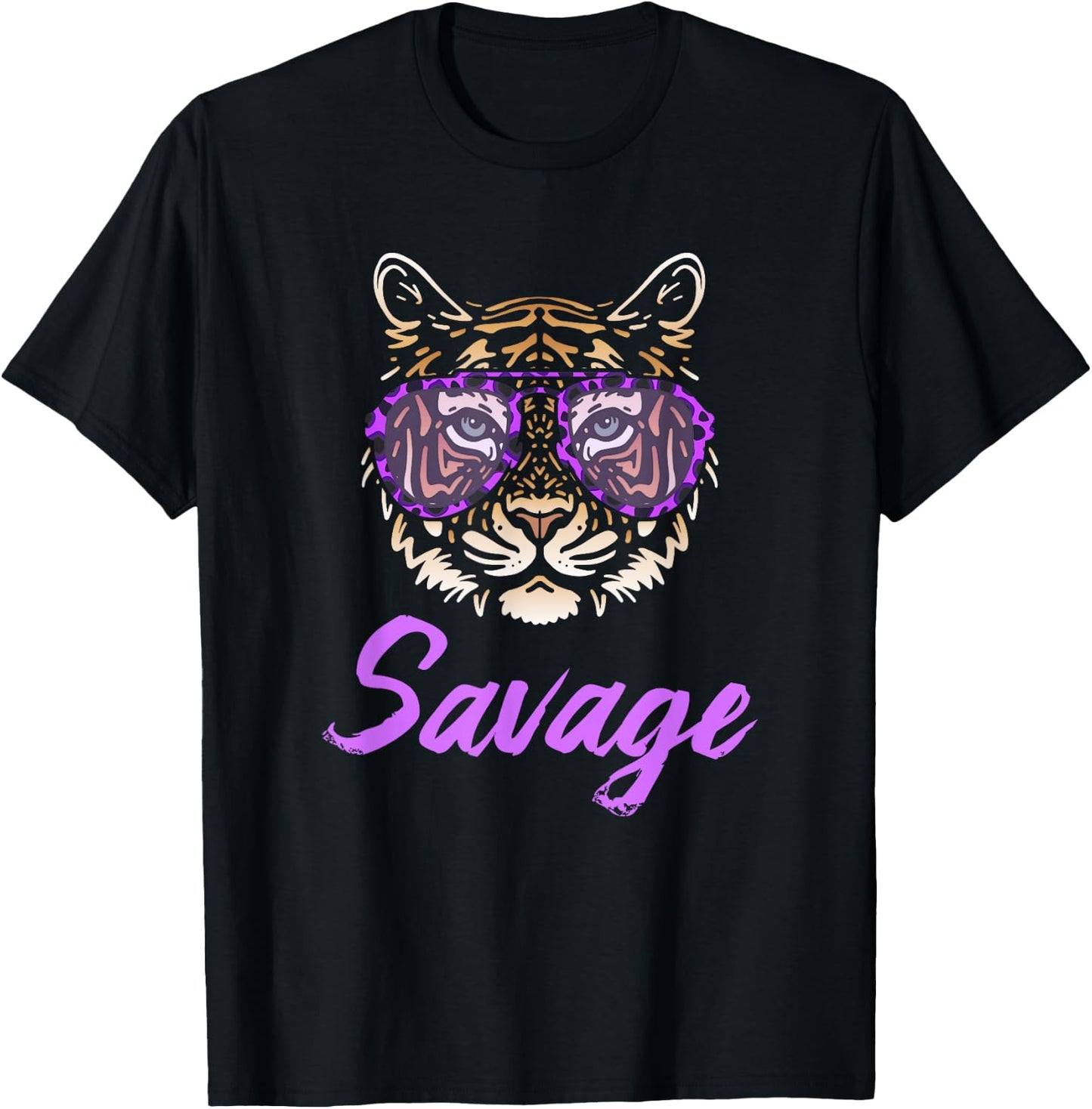 Savage Tiger Purple Leopard Print Sunglasses Funny Graphic T-Shirt - T-Shirt | Black