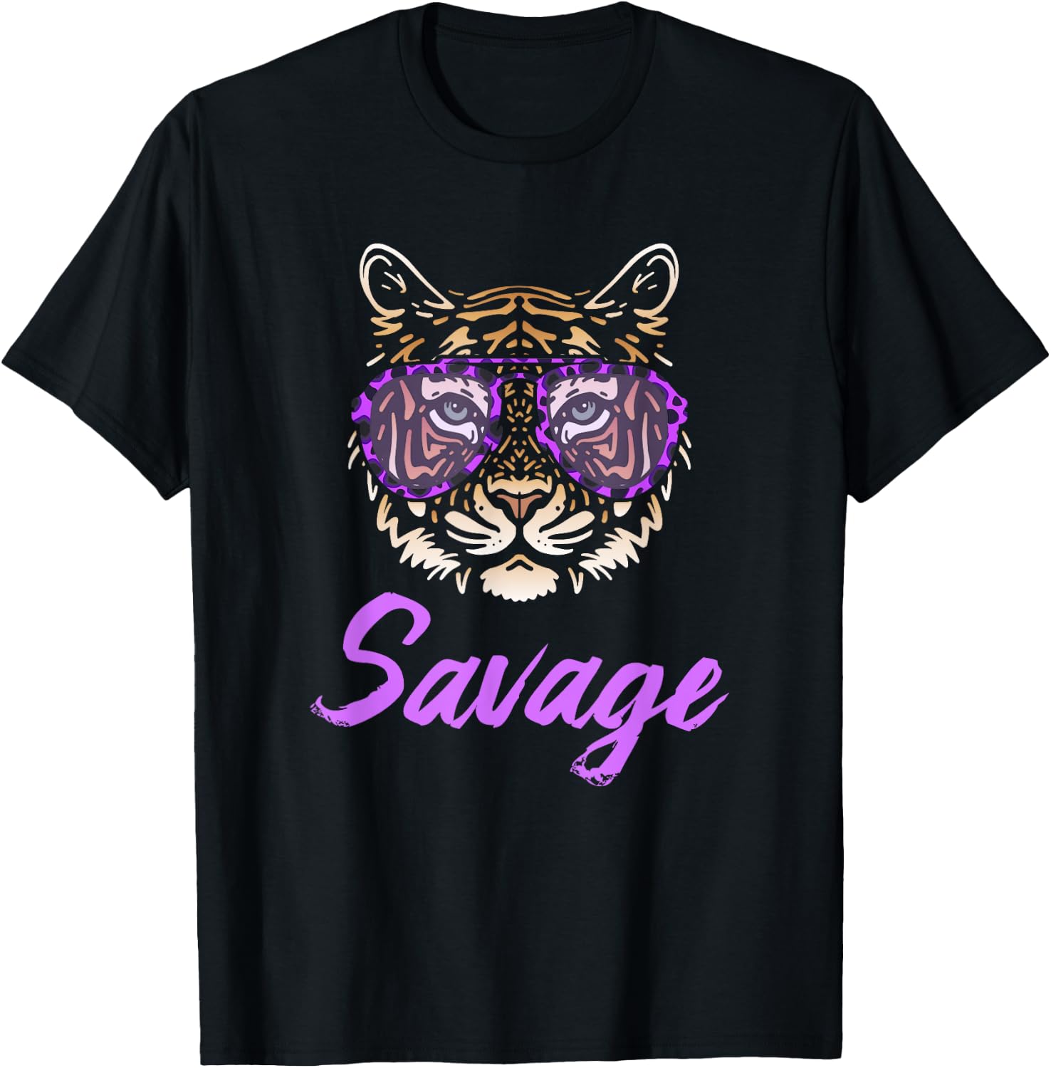 Savage Tiger Purple Leopard Print Sunglasses Funny Graphic T-Shirt - T-Shirt | Black