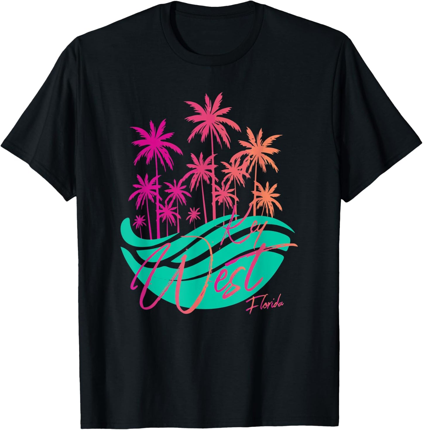 Retro Key West Florida Colorful Palm Trees And Ocean Waves T-Shirt - T-Shirt | Black