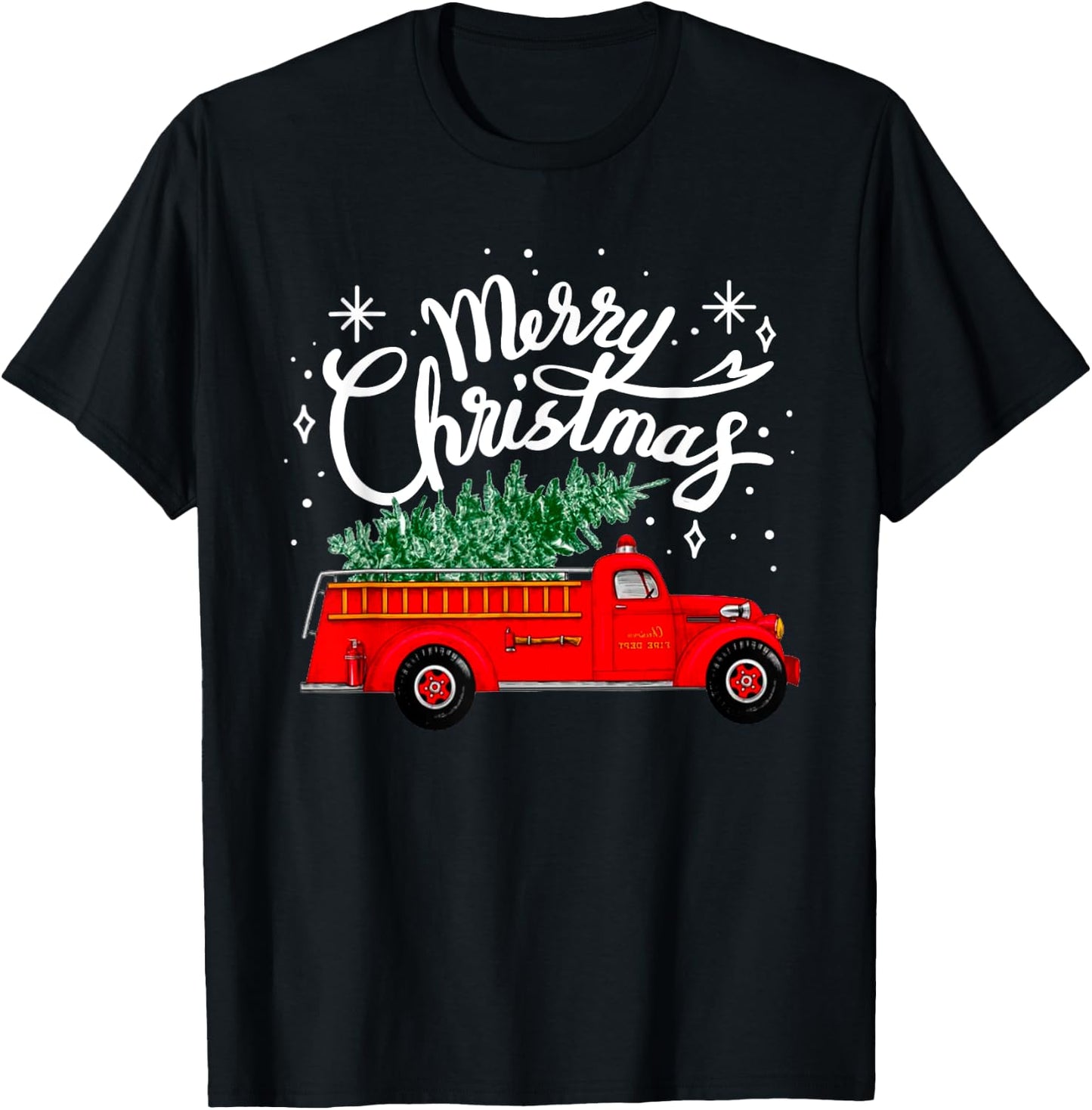 Funny Merry Christmas Fire Truck Xmas Tree Firefighter 2024 T-Shirt - T-Shirt | Black